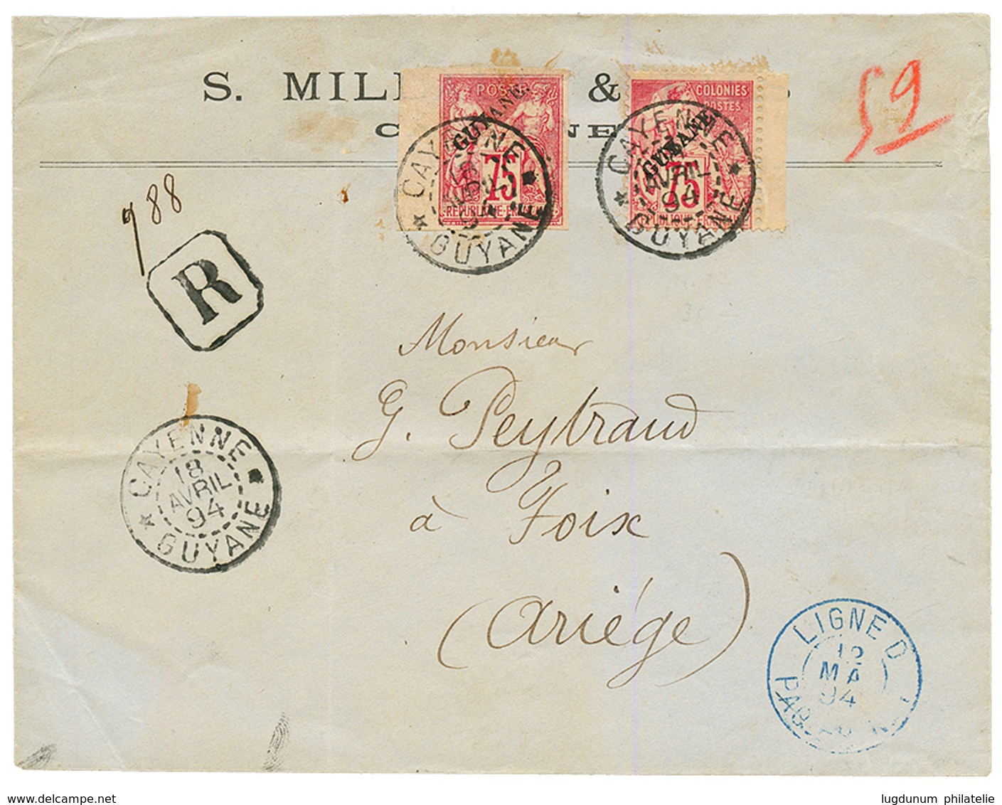 1894 75c NON DENTELE (n°14) + 75c DENTELE (n°27) Sur Envelope RECOMMANDEE De CAYENNE Pour La FRANCE. TTB. - Autres & Non Classés