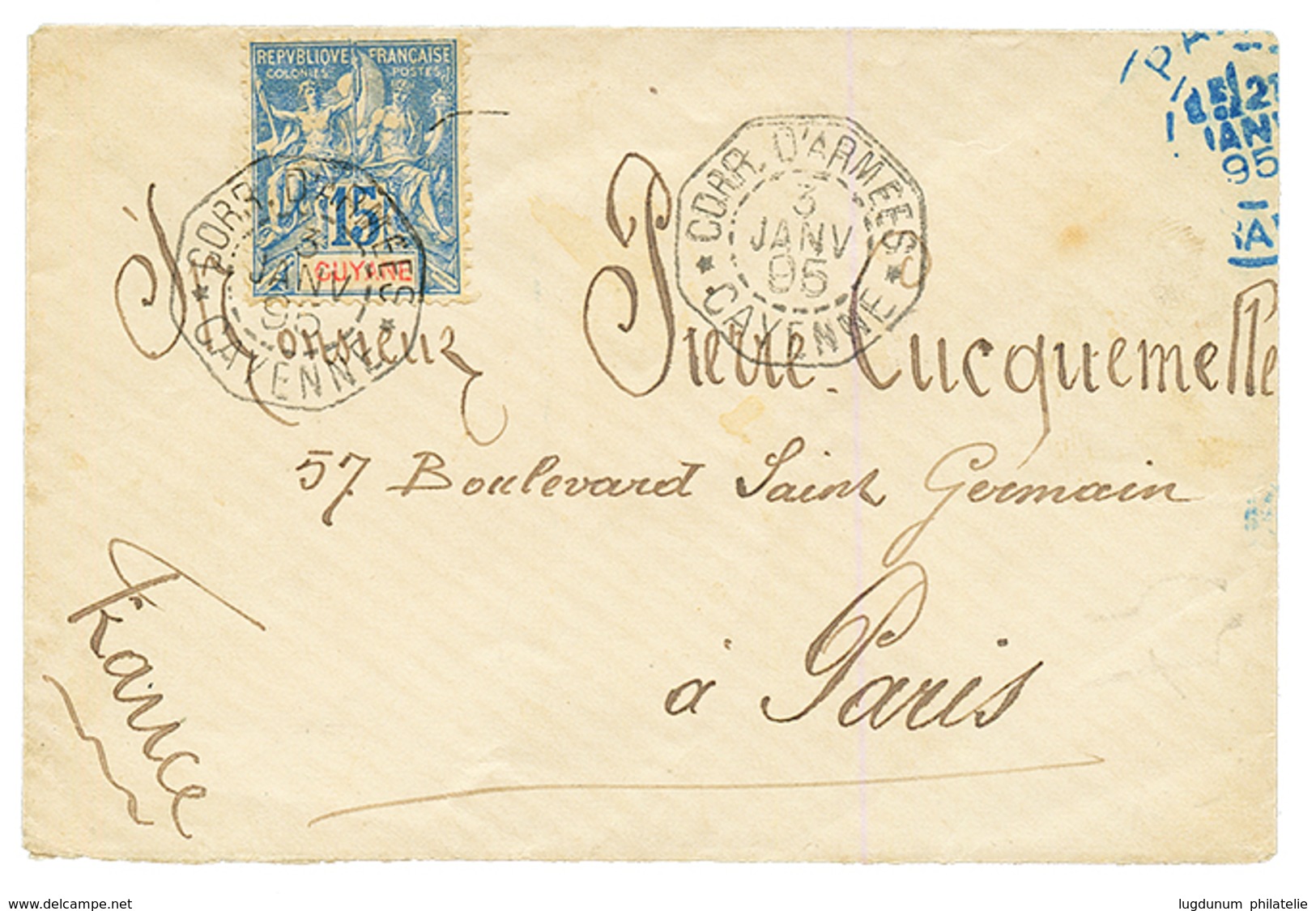 1895 15c Obl. CORR. D' ARMEES CAYENNE Sur Enveloppe Pour PARIS. Superbe. - Autres & Non Classés