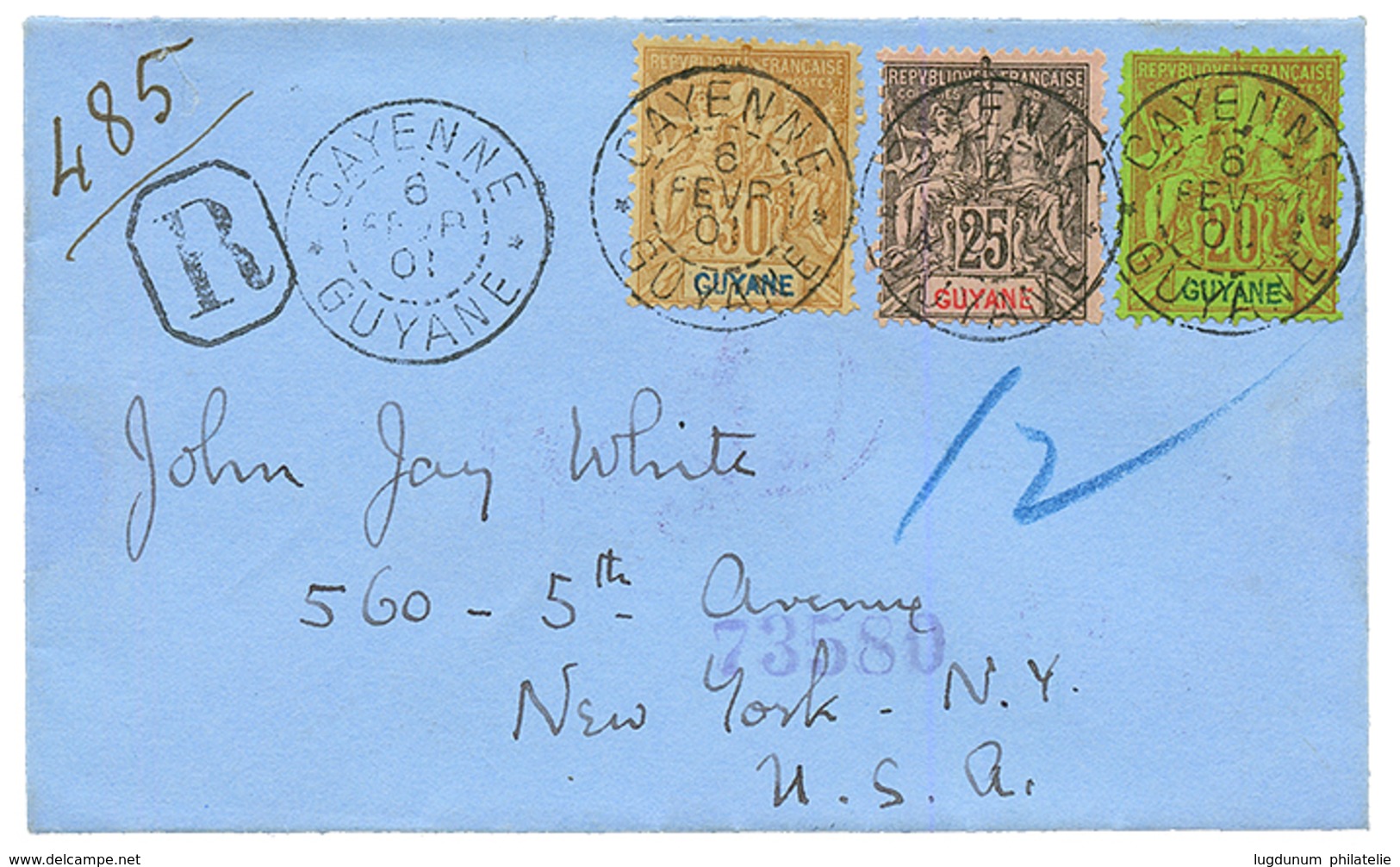 1901 20c + 25c + 30c Obl. CAYENNE GUYANE Sur Enveloppe RECOMMANDEE Pour NEW-YORK (USA). Superbe. - Andere & Zonder Classificatie