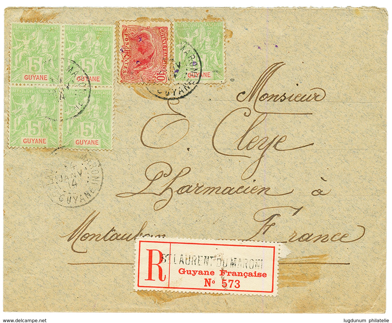 1914 5c Bloc De 4 + 5c + 10c Obl. ST LAURENT DU MARONI Sur Env. RECOM. Pour La FRANCE. Combinaison Rare. TB. - Sonstige & Ohne Zuordnung