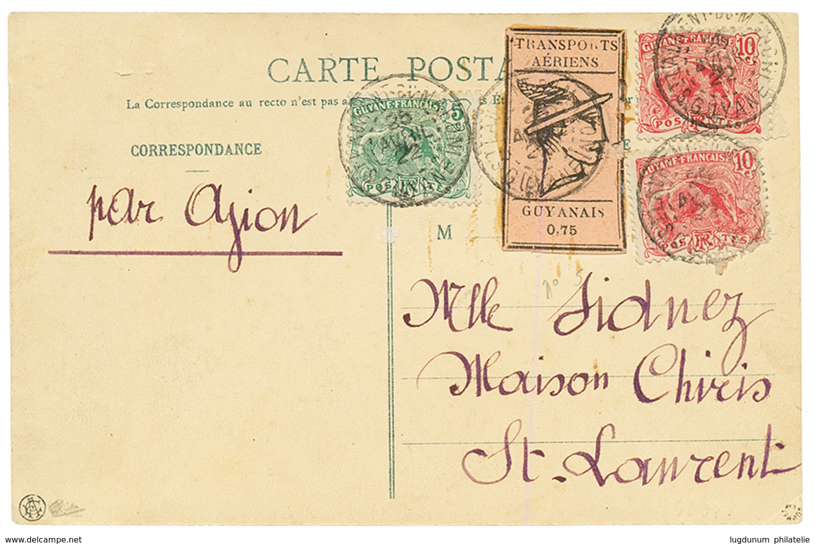 GUYANE : 1922 TAG 0,75 Noir Sur Rose (PA N°5) Léger Pelurage à Droite + 10c(x2) + 5c Obl. ST LAURENT DU MARONI Sur Carte - Autres & Non Classés