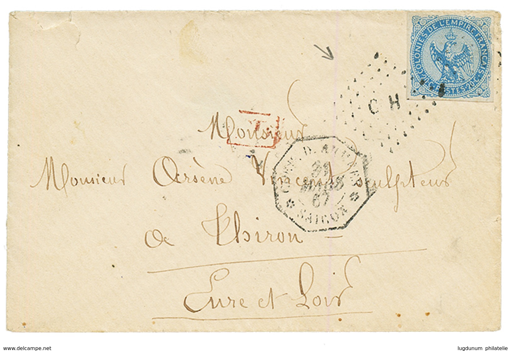 "CCH Gratté ?" 1867 20c AIGLE TB Margé Obl. Losange C H + CORR. D' ARMEES SAIGON Sur Enveloppepour La FRANCE. RARE. TB. - Andere & Zonder Classificatie