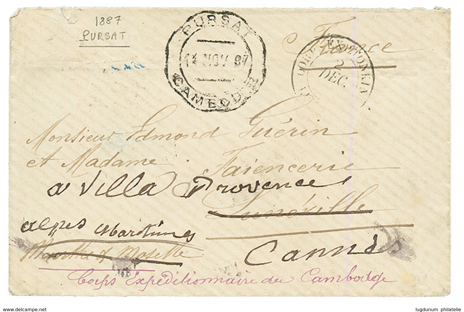 "1ère EXPEDITION DU CAMBODGE" : 1887 Cachet TELEGRAPHIQUE Rare PURSAT CAMBODGE Sur Enveloppe Du CORPS EXPEDITIONNAIRE DU - Andere & Zonder Classificatie