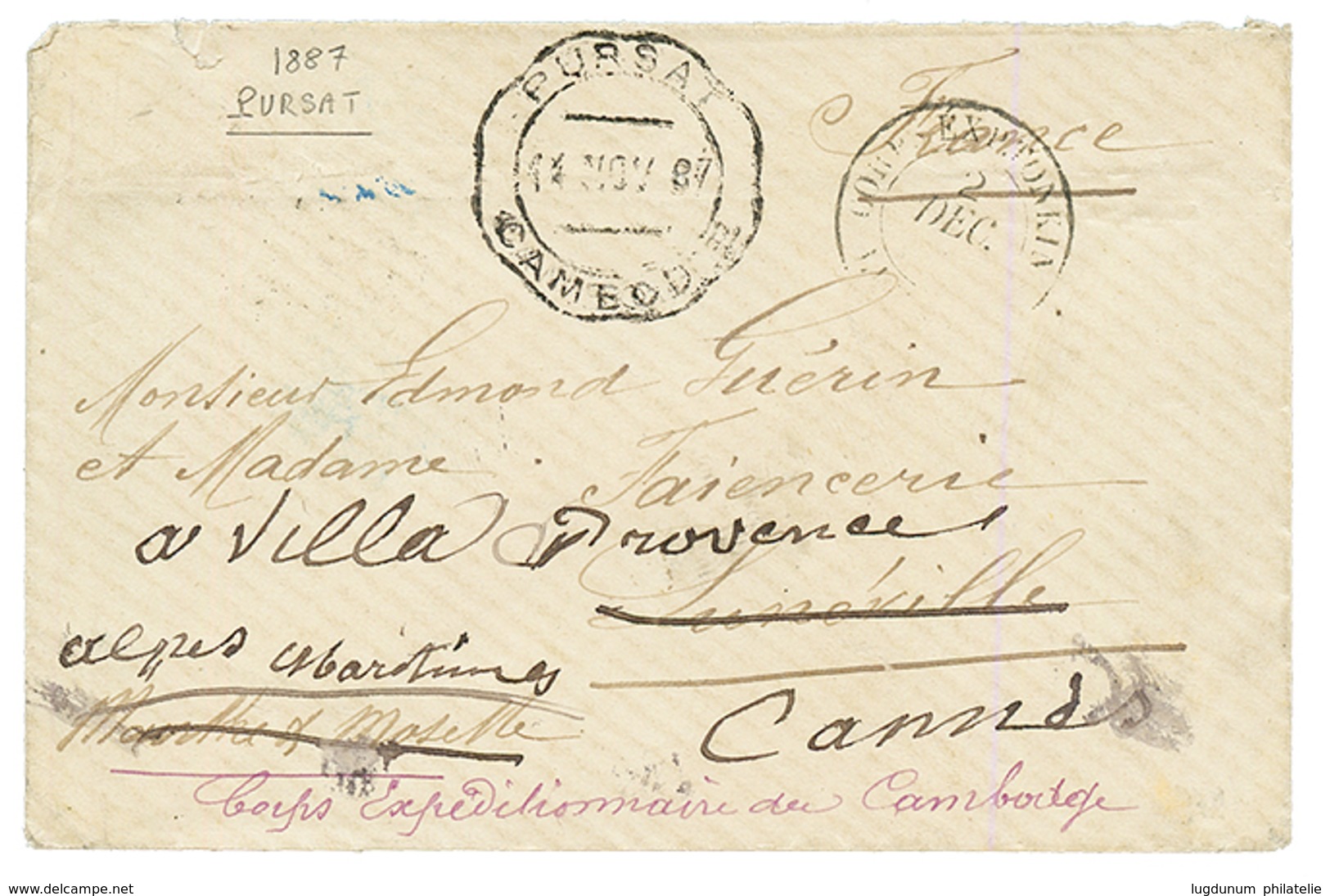 "1ère EXPEDITION DU CAMBODGE" : 1887 Cachet TELEGRAPHIQUE Rare PURSAT CAMBODGE Sur Enveloppe Du CORPS EXPEDITIONNAIRE DU - Sonstige & Ohne Zuordnung