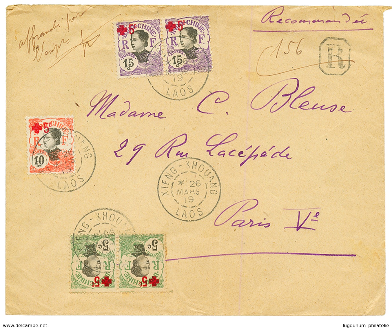 LAOS - RED-CROSS : 1919 INDOCHINE CROIX-ROUGE 5c(x2) + 10c+ 15c(x2) Obl. XIENG-KHOUANG LAOS Sur Enveloppe RECOMMANDE Pou - Otros & Sin Clasificación