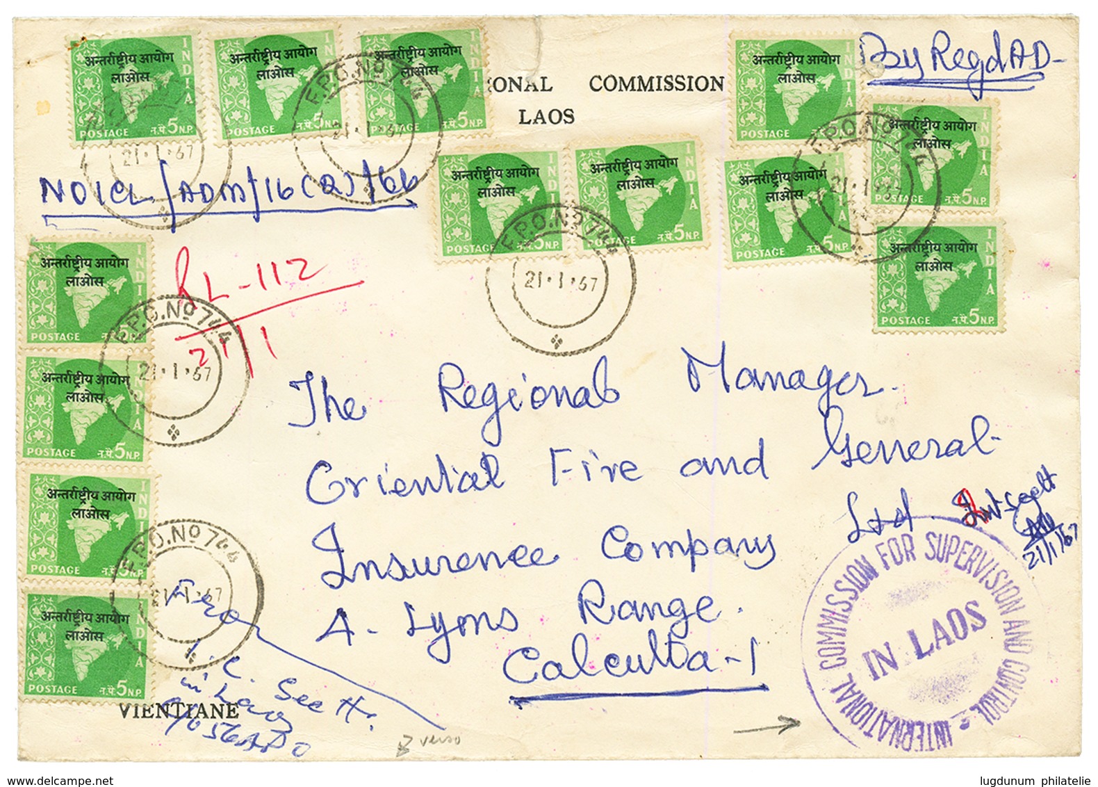 LAOS : 1967 INDIA 5n(x13) Obl. FPO N°744 + Cachet COMMISSION FOR SUPERVISION AND CONTROL /IN LAOS Sur Env. RECOMMANDE Po - Autres & Non Classés