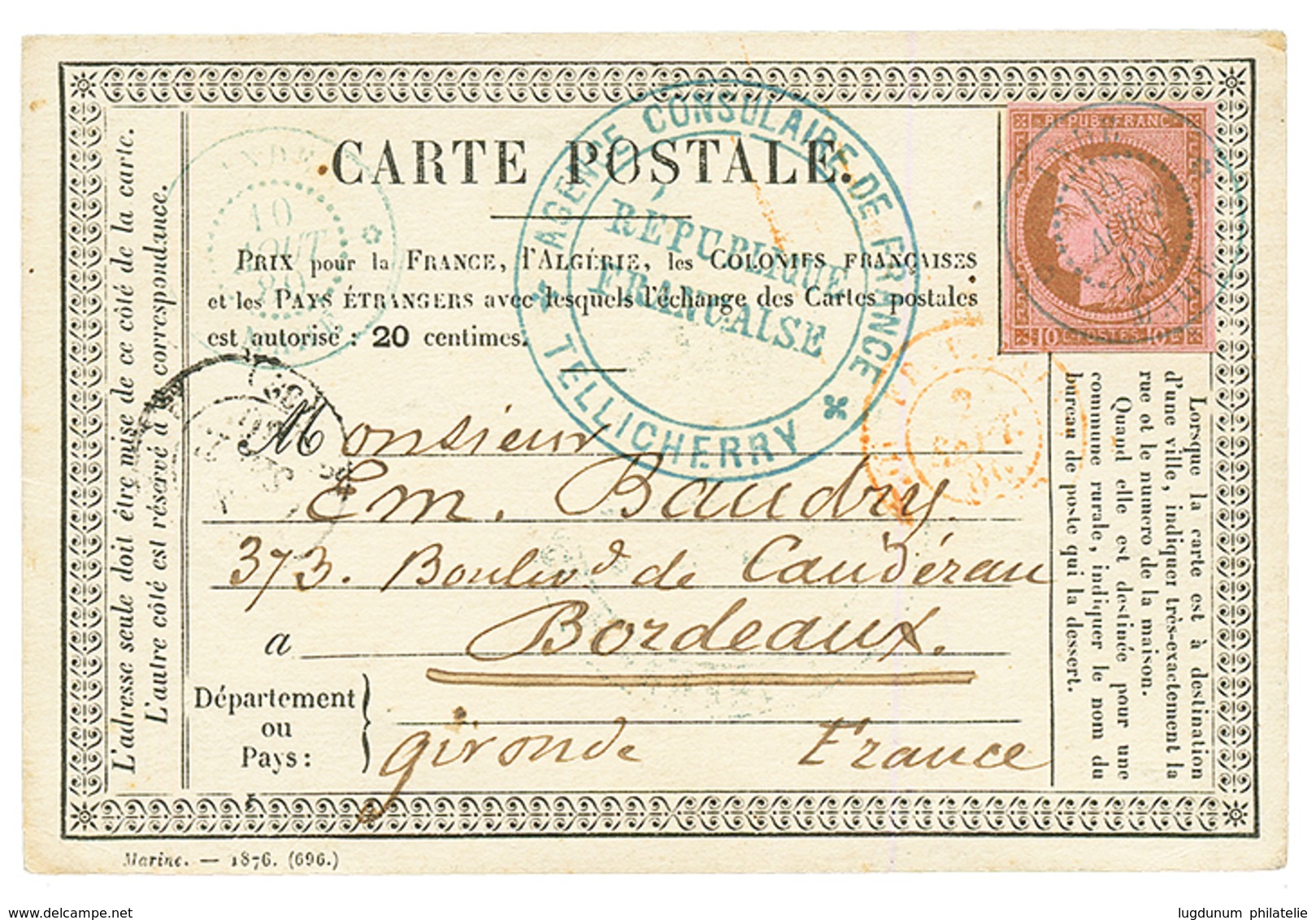 INDES : 1880 CG 10c CERES Obl. INDE MAHE Sur CARTE PRECURSEUR Pour BORDEAUX. GRANDE RARETE. Superbe. - Andere & Zonder Classificatie