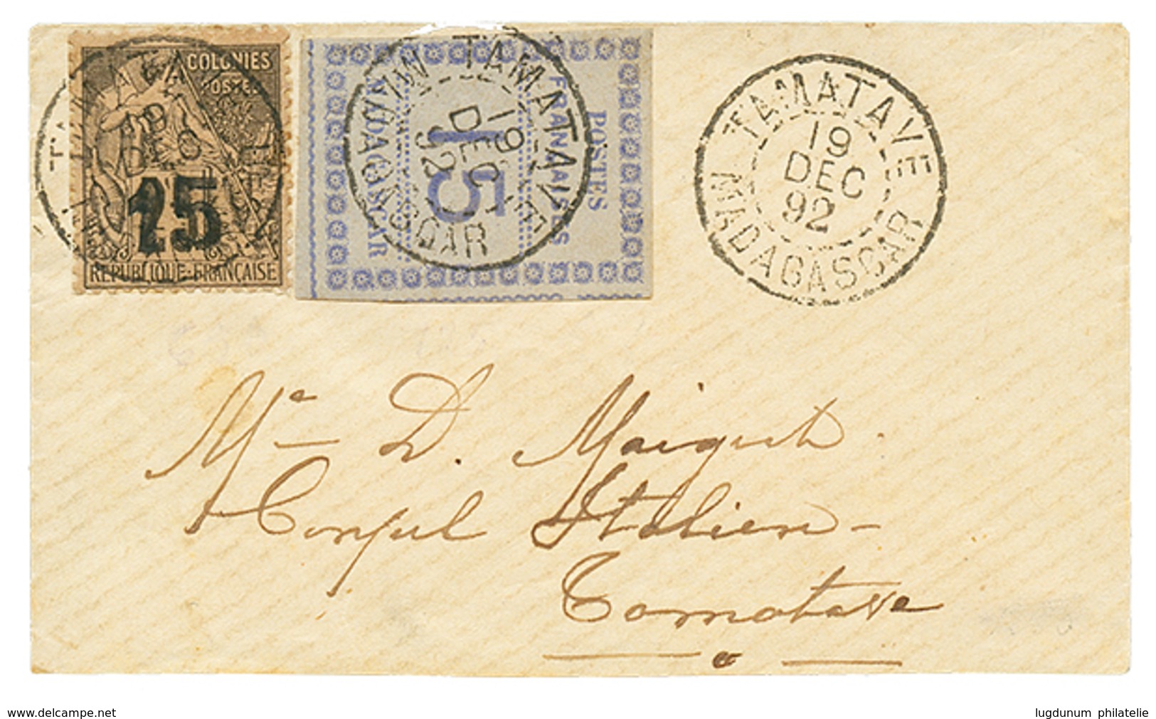 MADAGASCAR : 1892 15 S/ 25c(n°5) + 15c(n°10) Obl. TAMATAVE Sur Enveloppe Locale. Combinaison RARE Et Superbe. - Sonstige & Ohne Zuordnung