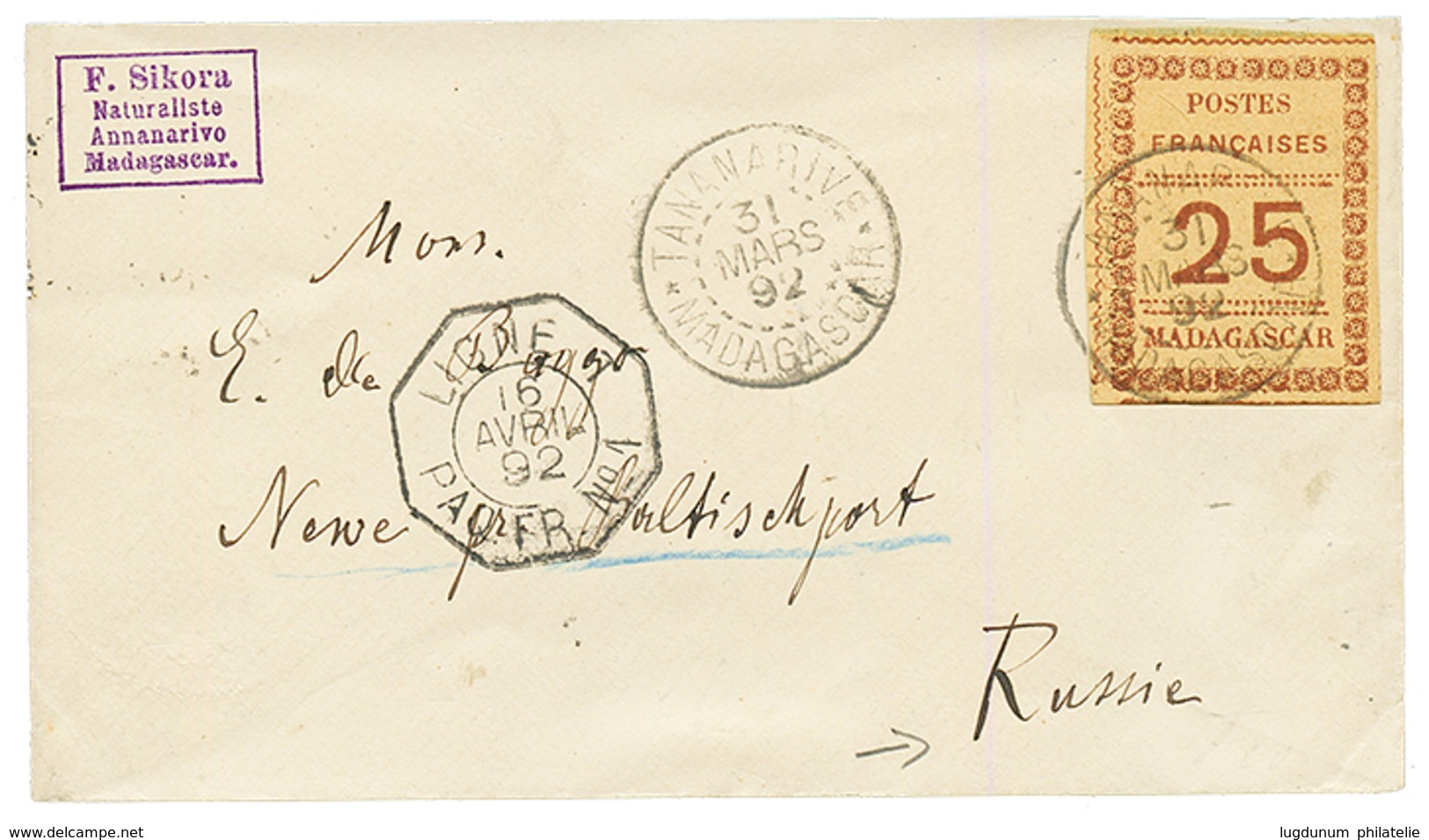 MADAGASCAR To RUSSIA : 1892 25c Obl. TANANARIVE Sur Enveloppe Pour La RUSSIE. Destination RARE. TTB. - Andere & Zonder Classificatie