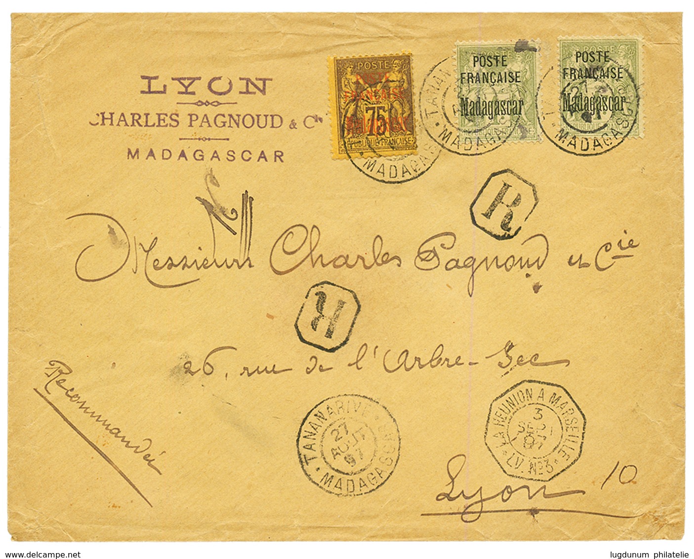 1897 75c(n°20) + 1F(n°21)x2 Obl. TANANARIVE Sur Enveloppe RECOM. Pour LYON. Affrt RARE. TTB. - Andere & Zonder Classificatie