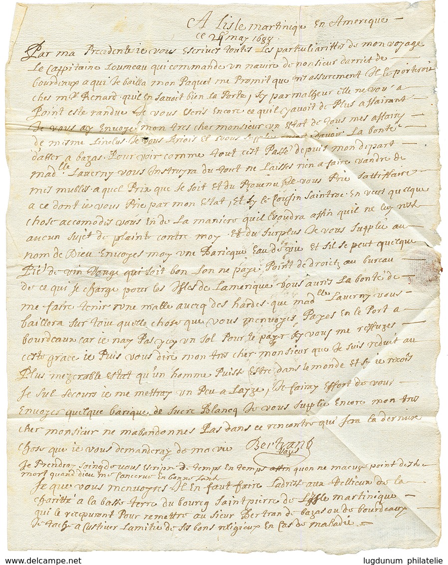 1688 Taxe "22" Sur Lettre Avec Texte Daté "A L' ISLE MARTINIQUE En AMERIQUE" Pour BORDEAUX. Exceptionel à Cette Date (le - Andere & Zonder Classificatie