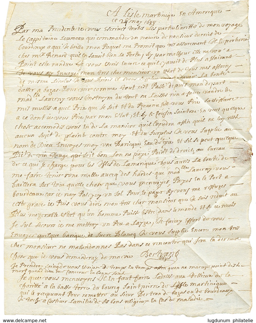 1688 Taxe "22" Sur Lettre Avec Texte Daté "A L' ISLE MARTINIQUE En AMERIQUE" Pour BORDEAUX. Exceptionel à Cette Date (le - Other & Unclassified