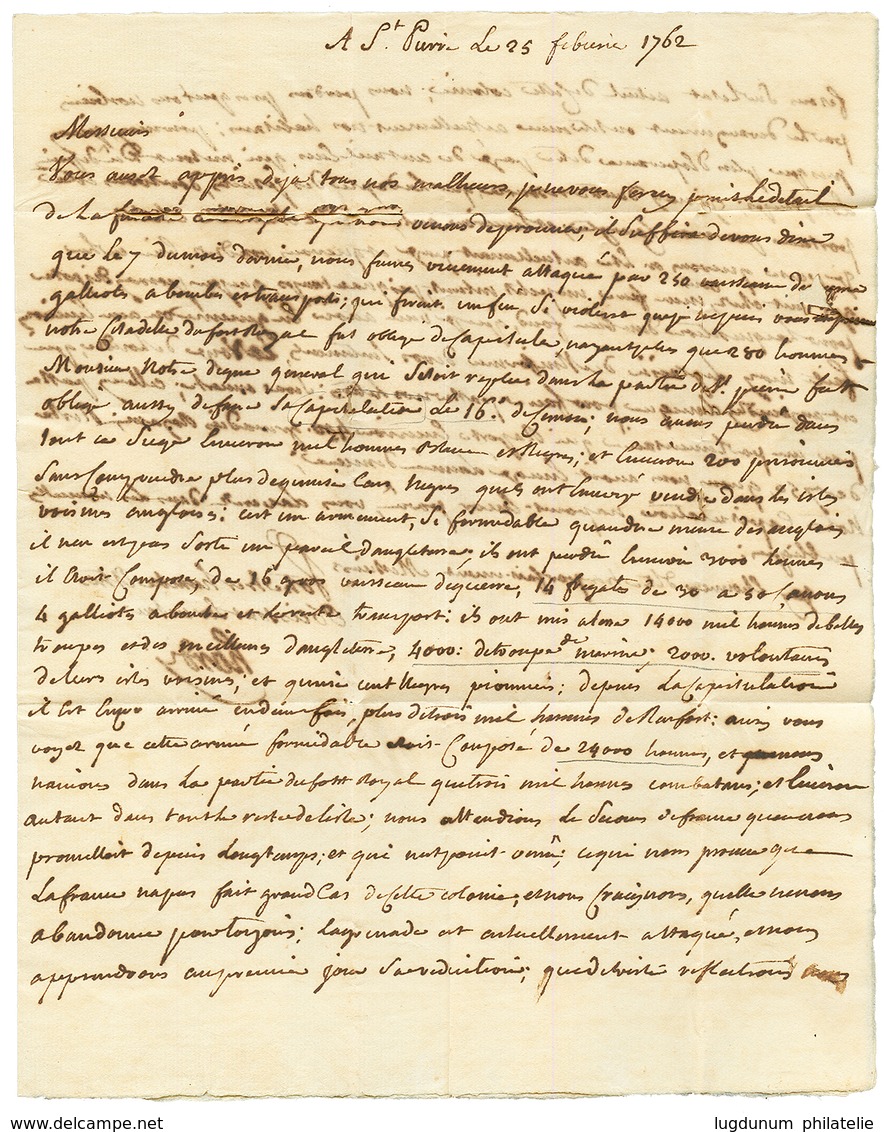 PREMIERE OCCUPATION ANGLAISE (17 Fevrier 1762 Au 8 Juillet 1763) : COL. PAR PORT LOUIS Sur Lettre Avec Texte Daté "ST PI - Other & Unclassified