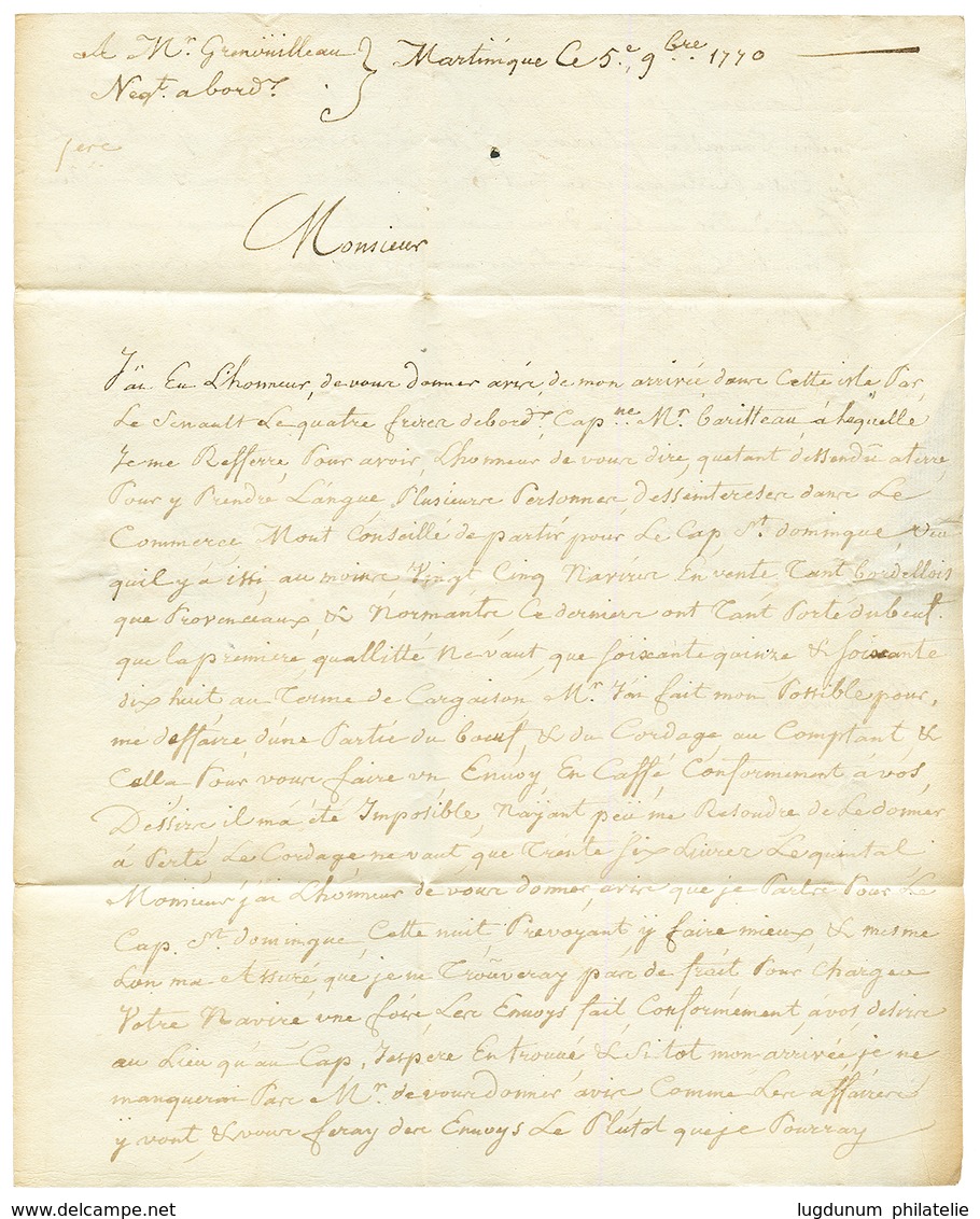 "PETITE POSTE De BORDEAUX" : 1770 Marque DU Rouge Sur Lettre Avec Texte Daté "MARTINIQUE" Pour BORDEAUX. TTB. - Andere & Zonder Classificatie