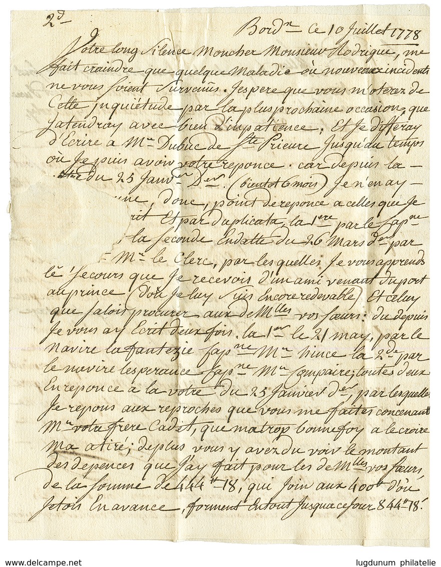 1778 Cachet FRANCE + Marque De La Petite Poste De BORDEAUX Sur Lettre Avec Texte De BORDEAUX Pour LE ROBERT En MARTINIQU - Andere & Zonder Classificatie