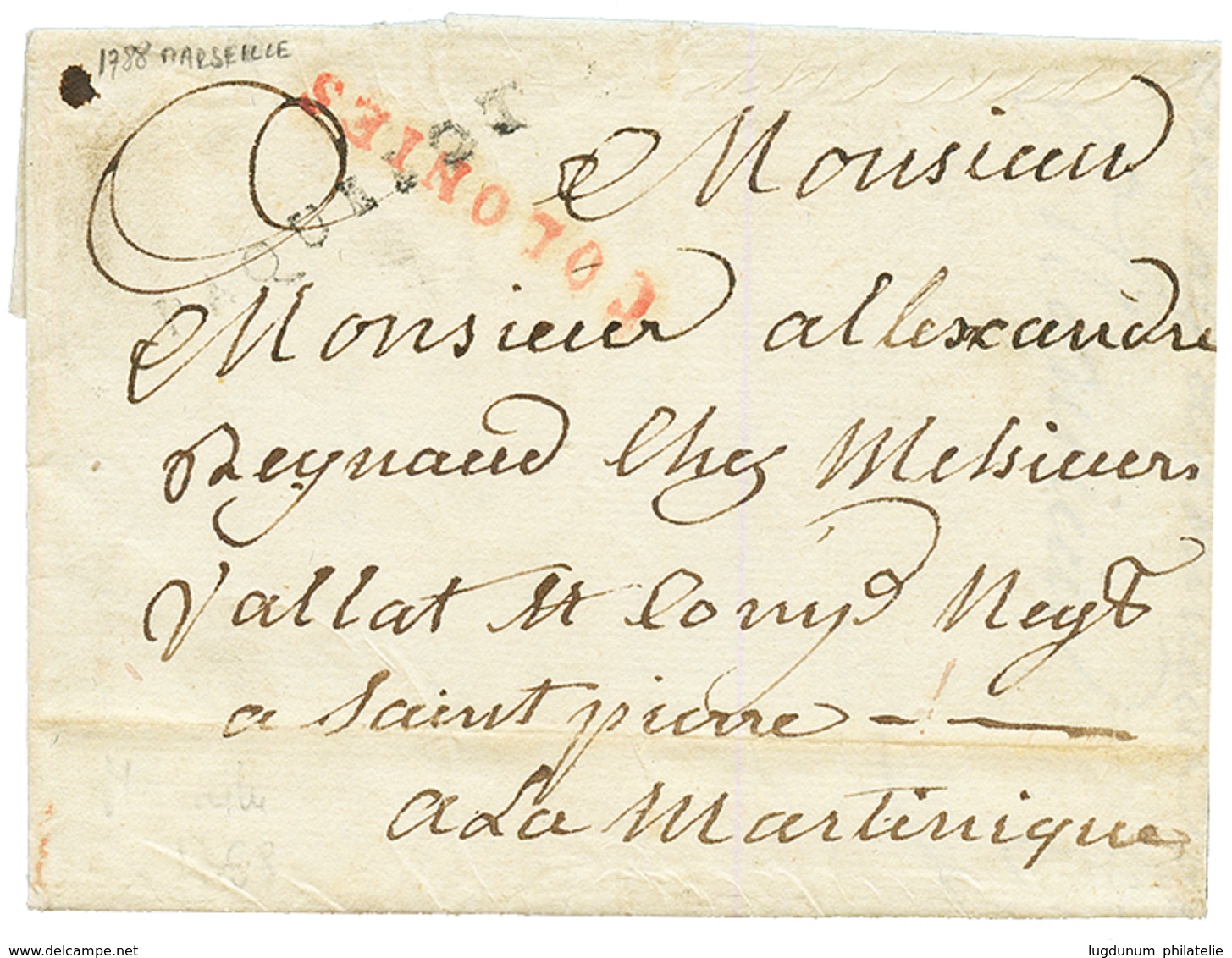 1788 Cachet Rare PAQUEBOT + COLONIES Rouge Sur Lettre Avec Texte Daté "MARSEILLE" Pour La MARTINIQUE. RARE. TB. - Andere & Zonder Classificatie