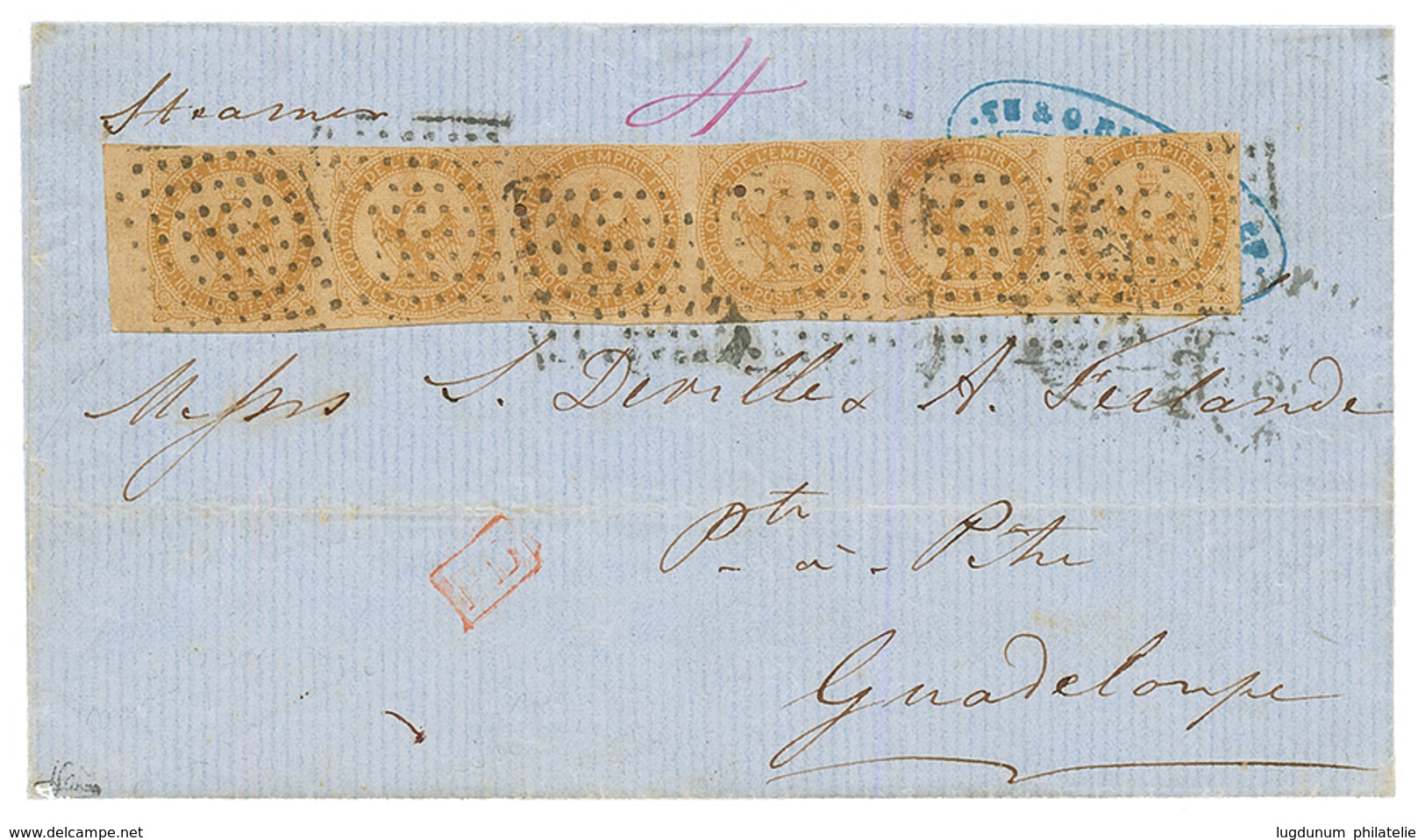 1862 AIGLE Bande De 6 Du 10c + Taxe Anglaise "4" Sur Lettre Pour La GUADELOUPE. Verso, Cachet Anglais MARTINIQUE. RARE.  - Andere & Zonder Classificatie