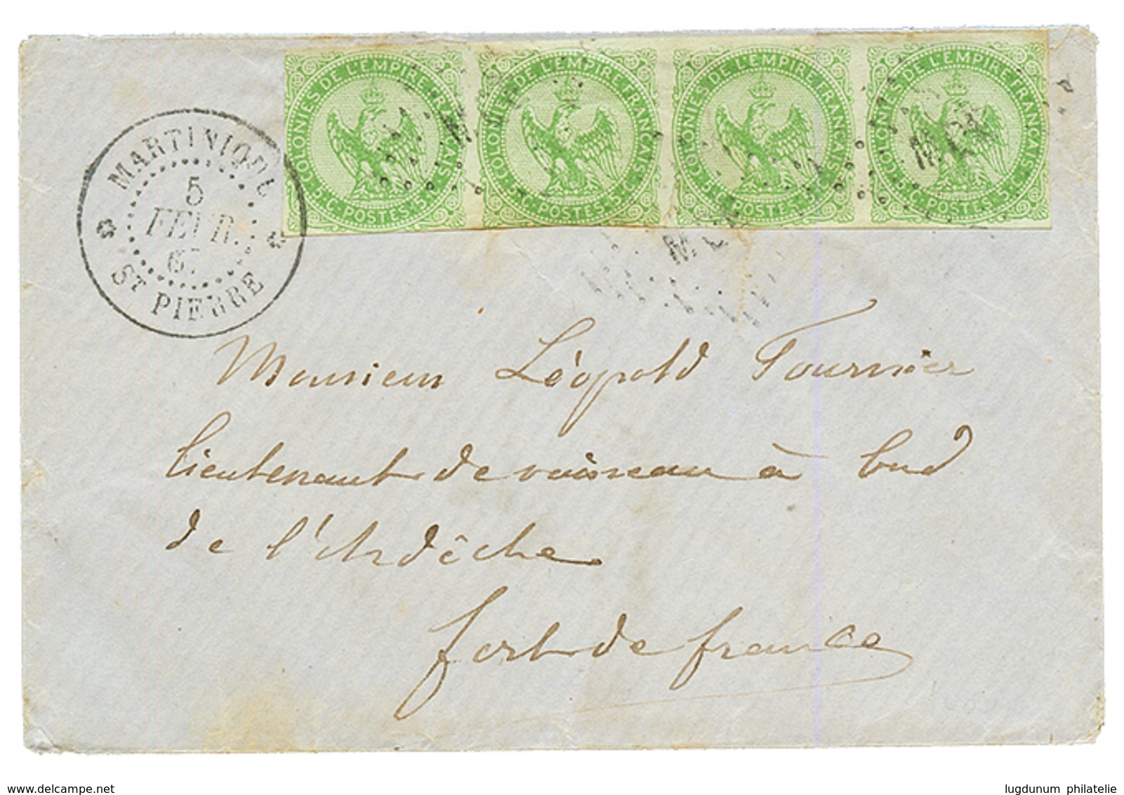 1867 Bande De 4 Du 5c AIGLE (pd) Obl. MQE + MARTINIQUE ST PIERRE Sur Env. Avec Texte Pour Le Vaisseau "L' ARDECHE" à FOR - Andere & Zonder Classificatie