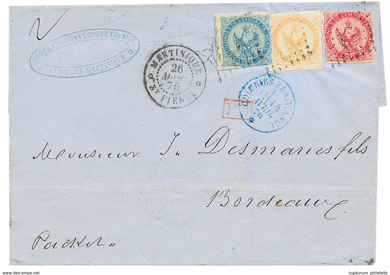 MARTINIQUE : 1870 AIGLE 20c+ 40c + 80c(pd) Sur Lettre De ST PIERRE Pour BORDEAUX. Double Port. TB. - Autres & Non Classés