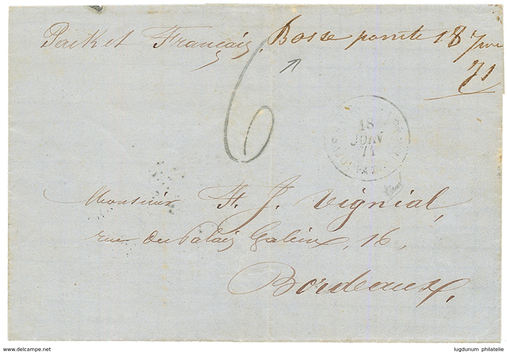 1871 Marque Manuscrite "BASSE POINTE 18 Juin 71" + Taxe 6 Sur Lettre Pour BORDEAUX. Superbe. - Other & Unclassified