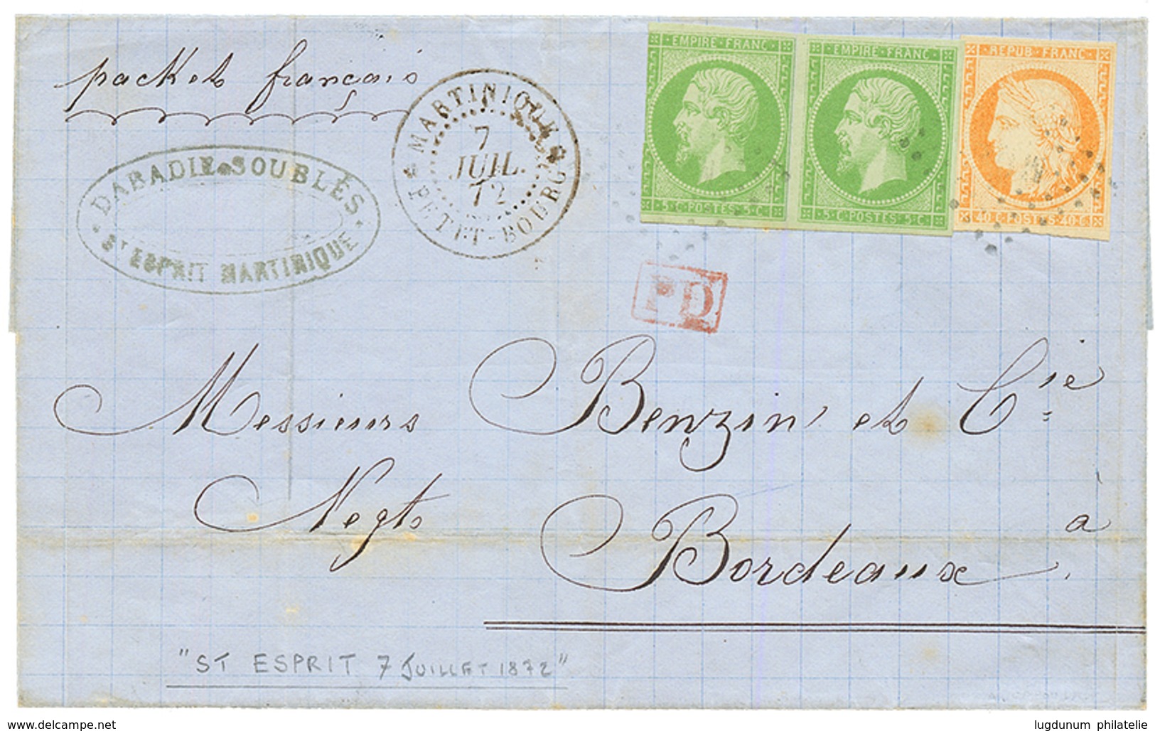 "Marque Manuscrite ST ESPRIT" : 1872 CG Paire 5c EMPIRE (1 Ex. Pd) + 40c CERES Obl. MQE + MARTINIQUE PETIT-BOURG + Verso - Andere & Zonder Classificatie