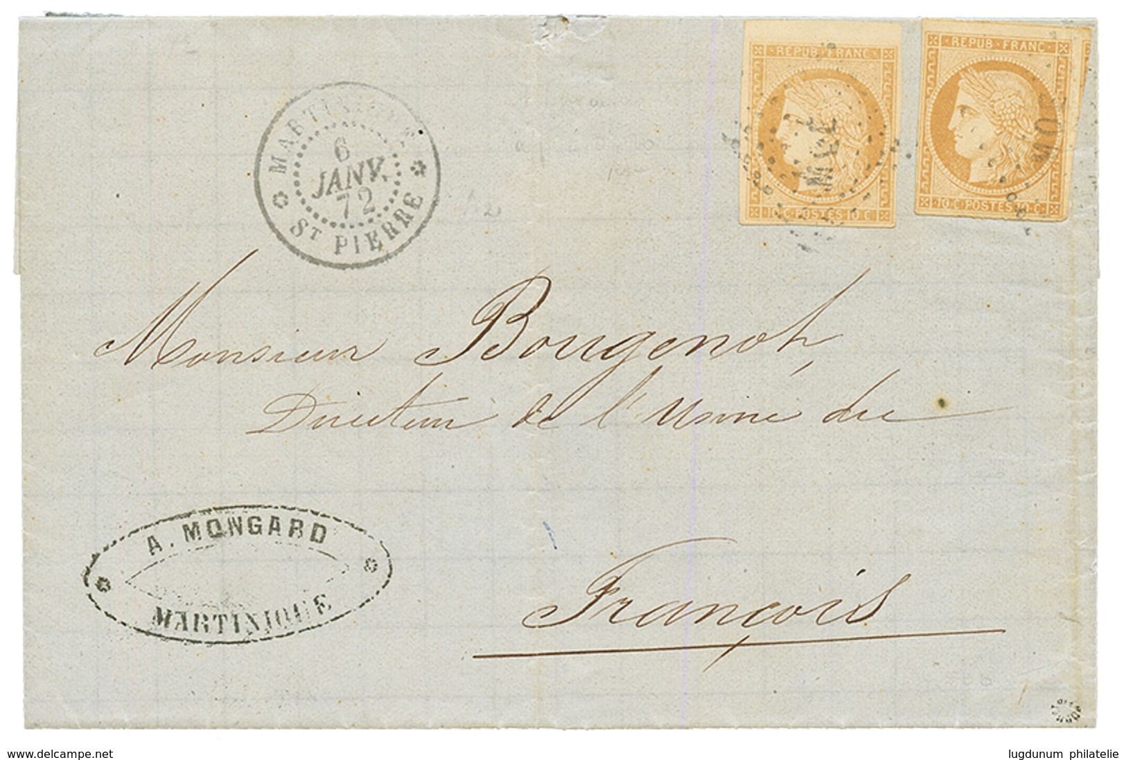 1872 CG 10c CERES (n°11) TTB Margés Obl. MQE + MARTINIQUE ST PIERRE Sur Lettre Avec Texte Pour FRANCOIS. RARE. Superbe. - Andere & Zonder Classificatie