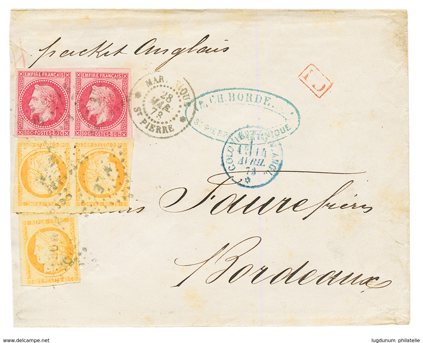 1873 CG Superbe Paire 80c EMPIRE + 40c CERES(x3) Obl. MQE + MARTINIQUE ST PIERRE Sur Lettre (Quadruple Port) Pour BORDEA - Andere & Zonder Classificatie