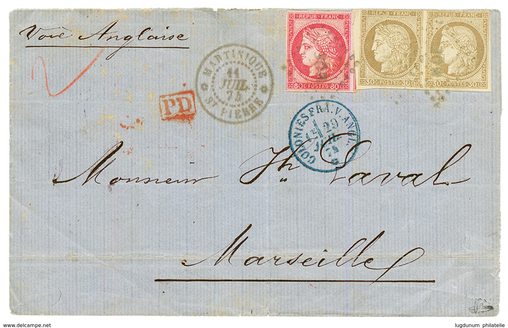 1874 CG 80c CERES TTB Margé + Paire 30c CERES Obl. MQE + MARTINIQUE ST PIERRE Sur Lettre En Double PORT Pour La FRANCE.  - Andere & Zonder Classificatie