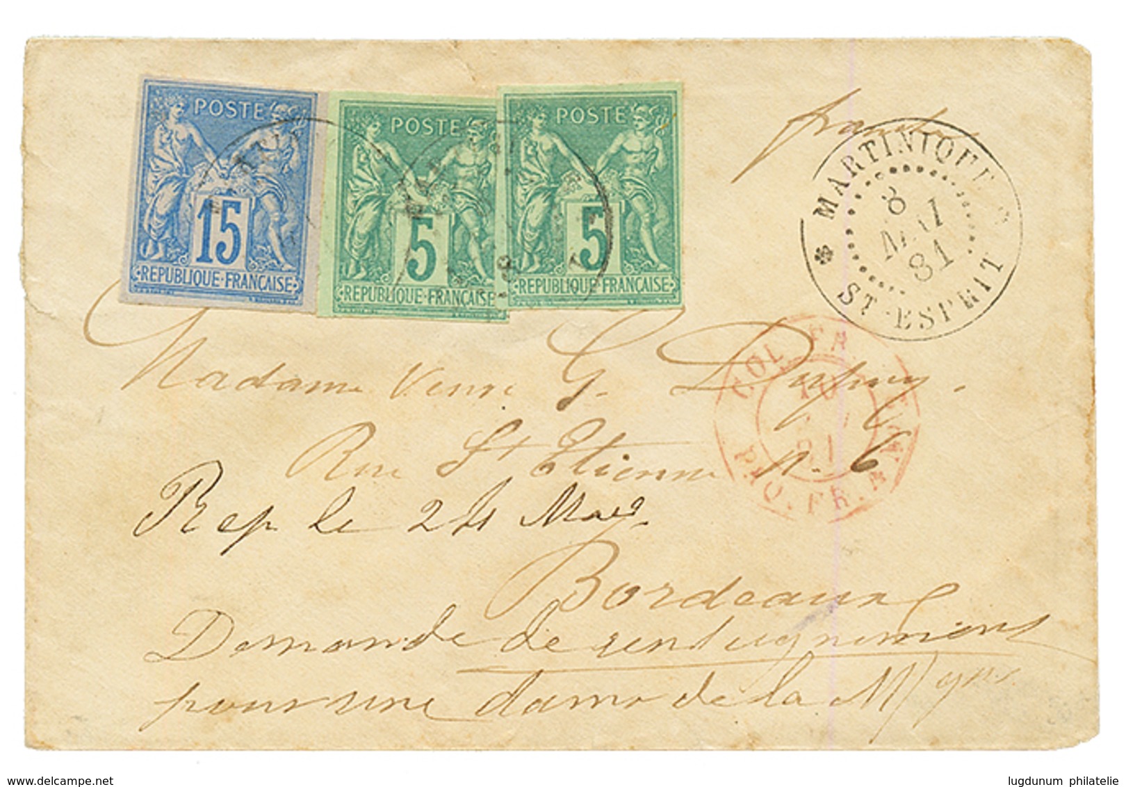 "ST ESPRIT" : 1881 CG SAGE 5c(x2) + 15c Obl. MARTINIQUE St ESPRIT Sur Env. Pour La FRANCE. TTB. - Autres & Non Classés