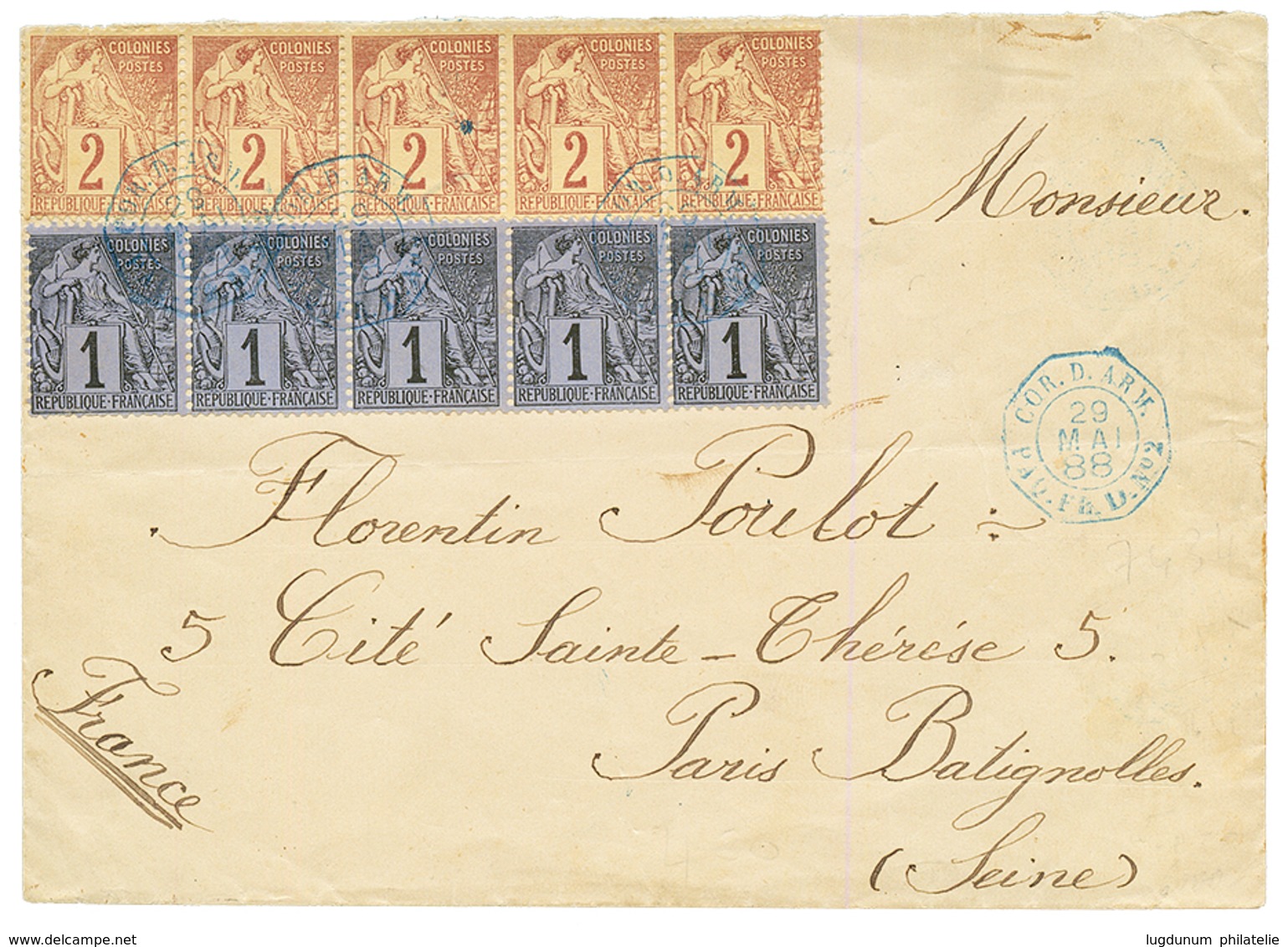 1888 COLONIES GENERALES 1c Bande De 5 + 2c Bande De 5 Obl. CORR. D'ARM. PAQ FR D N°2 Bleu Sur Enveloppe Pour La FRANCE.  - Other & Unclassified