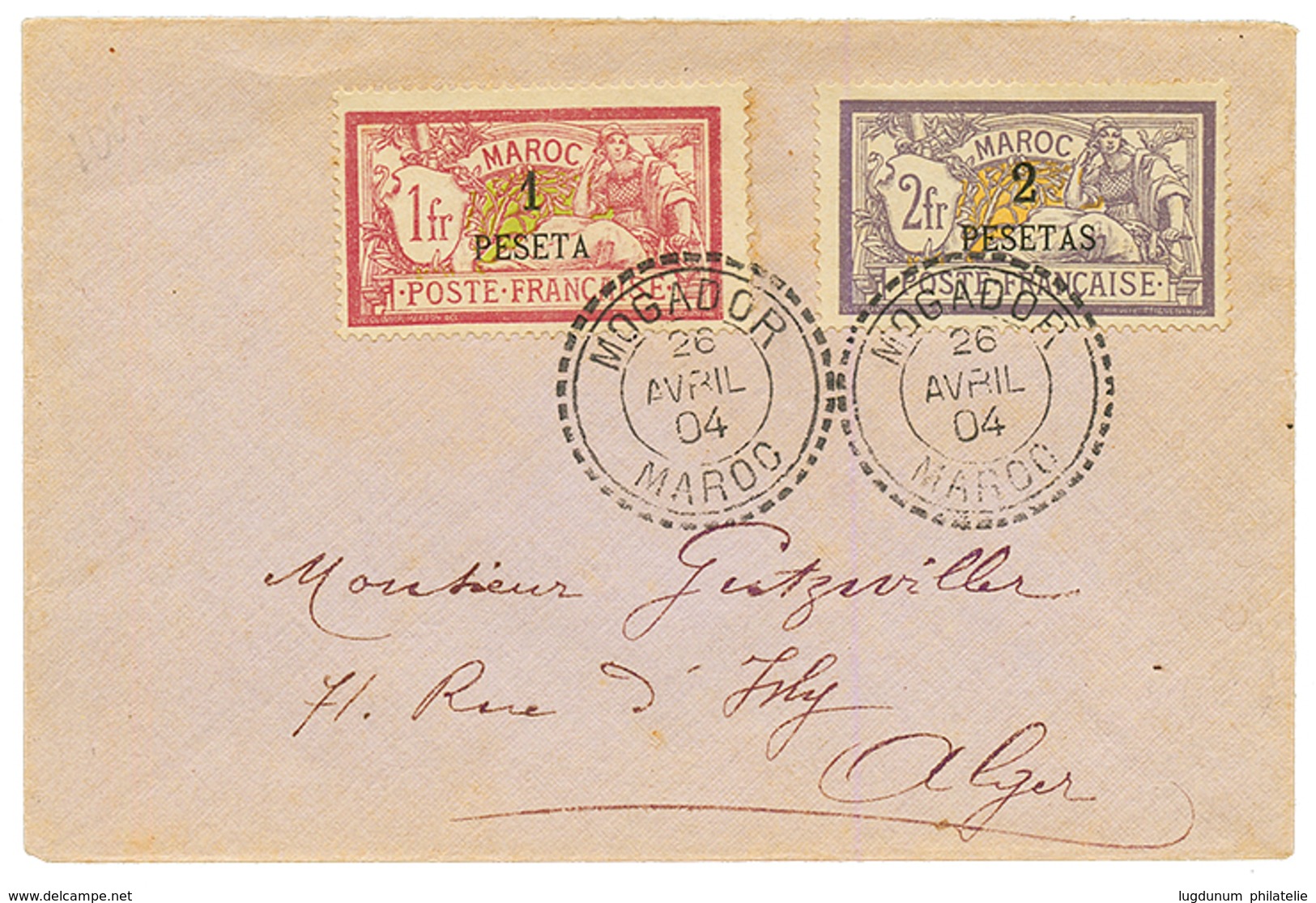 1904 MERSON 1p S/ 1F + 2p S/ 2F Obl. MOGADOR MAROC Sur Enveloppe Pour L' ALGERIE. RARE. Superbe. - Andere & Zonder Classificatie