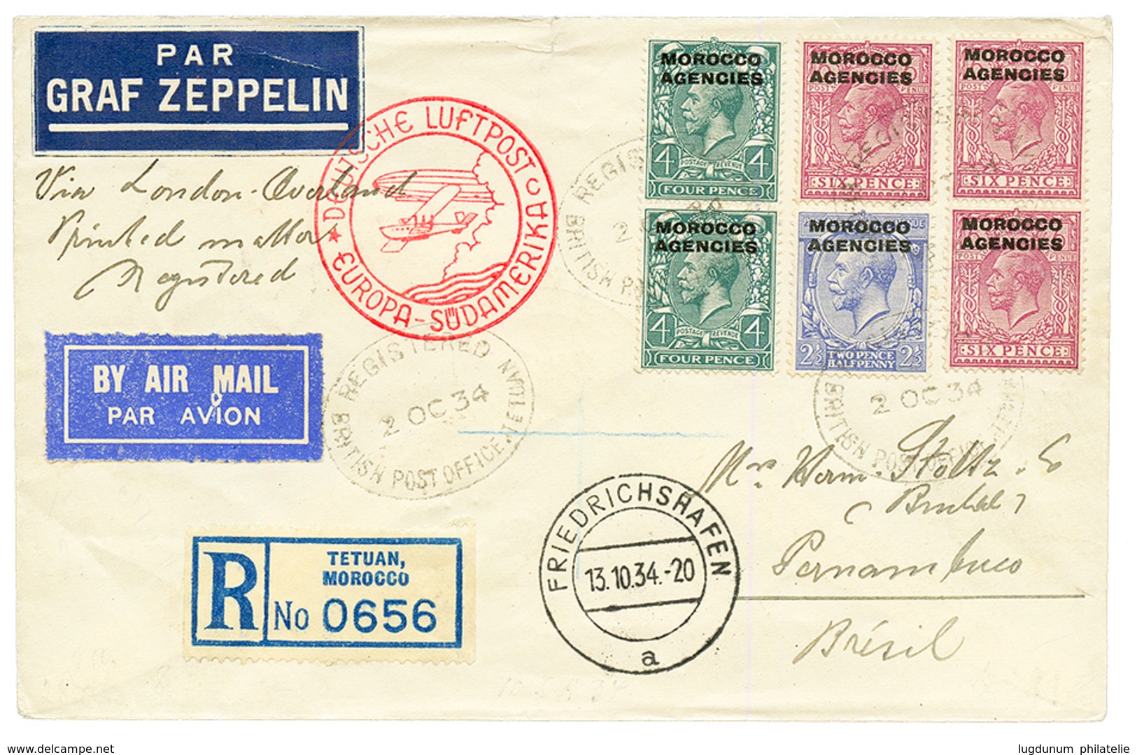 MAROC - ZEPPELIN : 1934 MOROCCO AGENCIES 2 1/2d+ 4d(x2)+ 6d(x2) Obl. REGISTERED BRITISH POST OFFICE TETUAN + PAR GRAF ZE - Andere & Zonder Classificatie