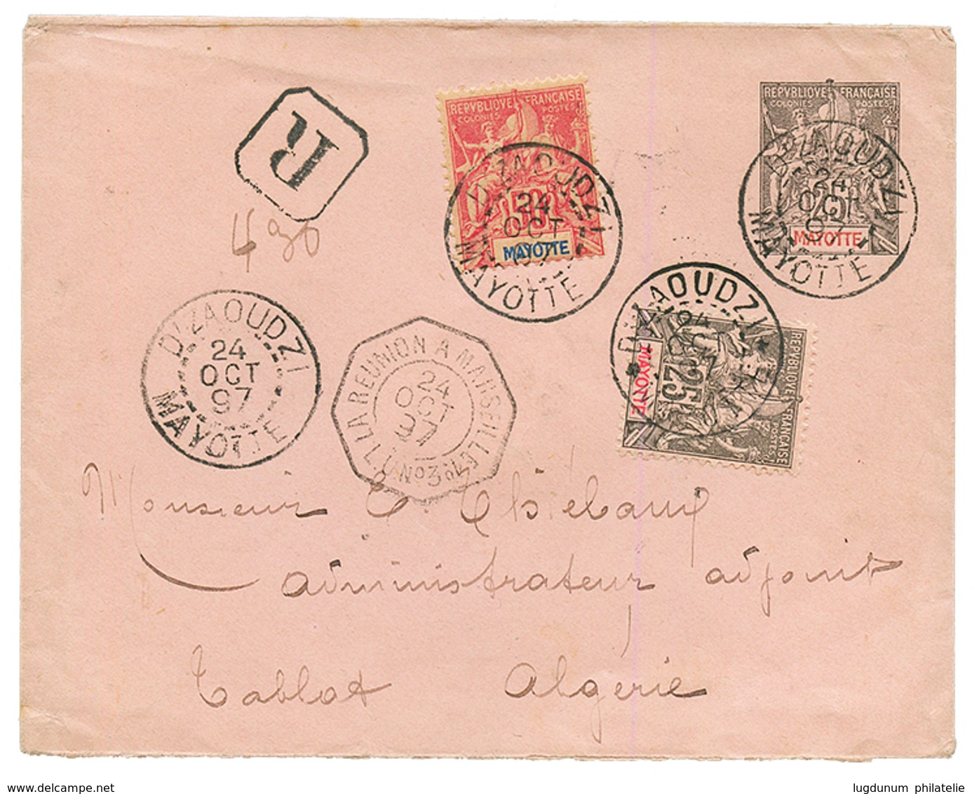 "MAYOTTE Pour L' ALGERIE" : 1897 Entier 25c + 25c + 50c Obl. D'ZAOUDZI En RECOMMANDE Pour TABLAT (ALGERIE). TTB. - Autres & Non Classés