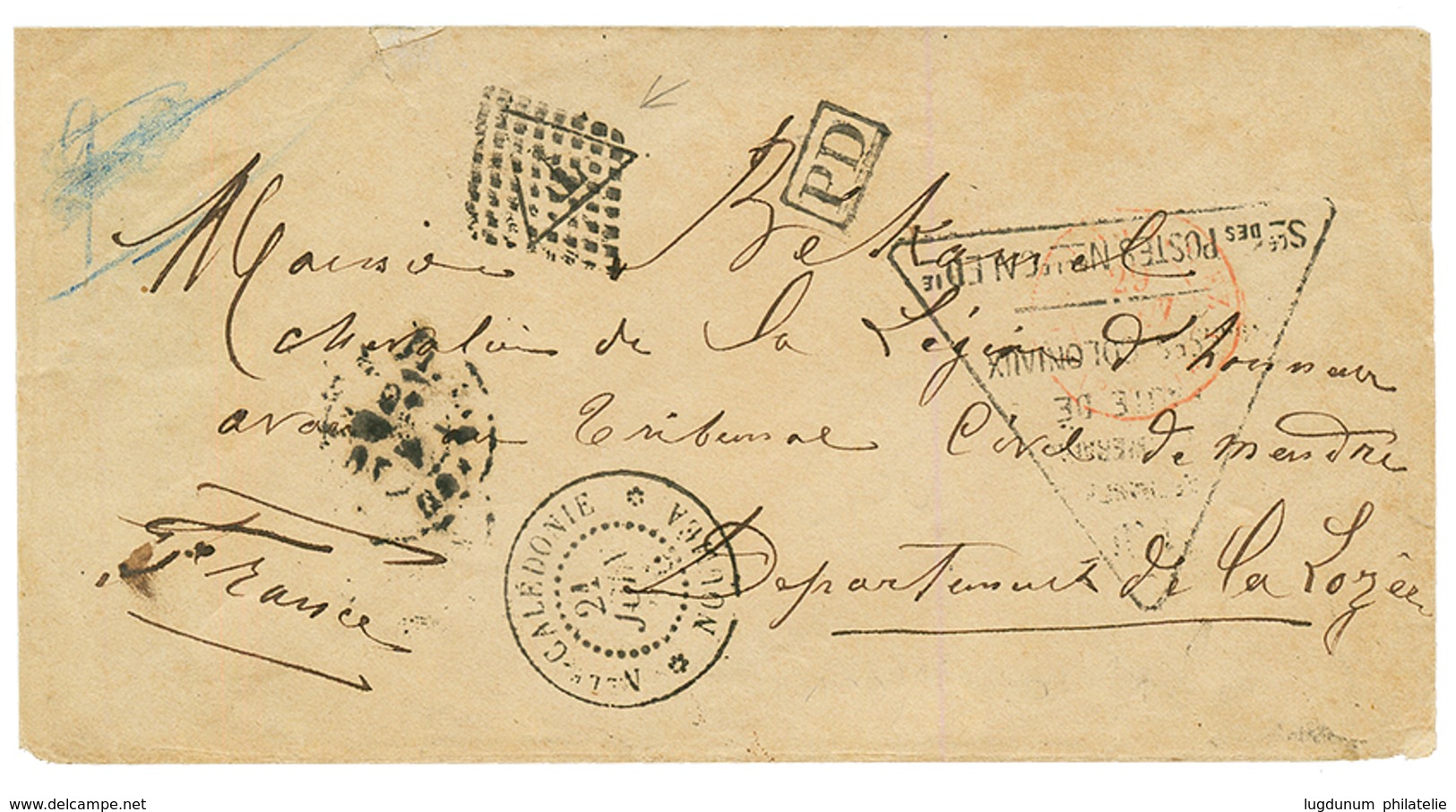 NOUVELLE CALEDONIE - PENURIE De TIMBRES : 1876 Cachet AFFRANCHIE EN NUMERAIRE FAUTE DE TIMBRES COLONIAUX + Cactet Taxe " - Andere & Zonder Classificatie