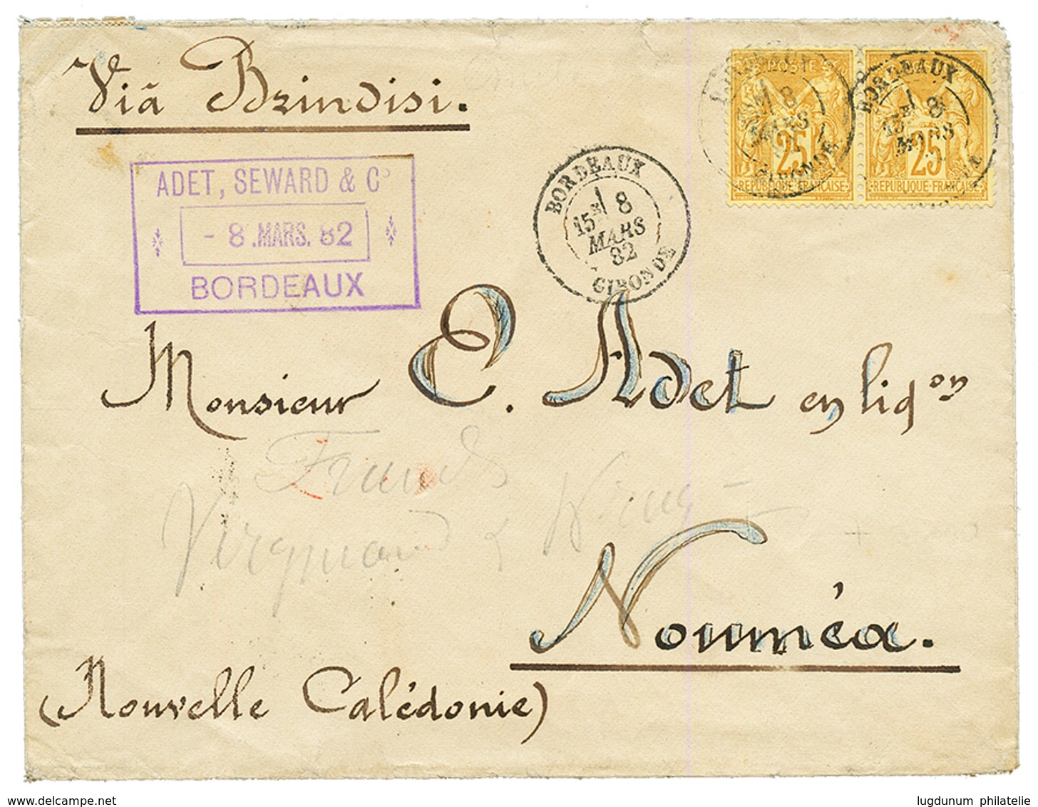 NLLE CALEDONIE - AMBULANT MARITIME : 1882 Rarissime Cachet N.C POSTE B.M NOUMEA-SYDNEY Au Verso D'une Lettre Avec 25c SA - Andere & Zonder Classificatie