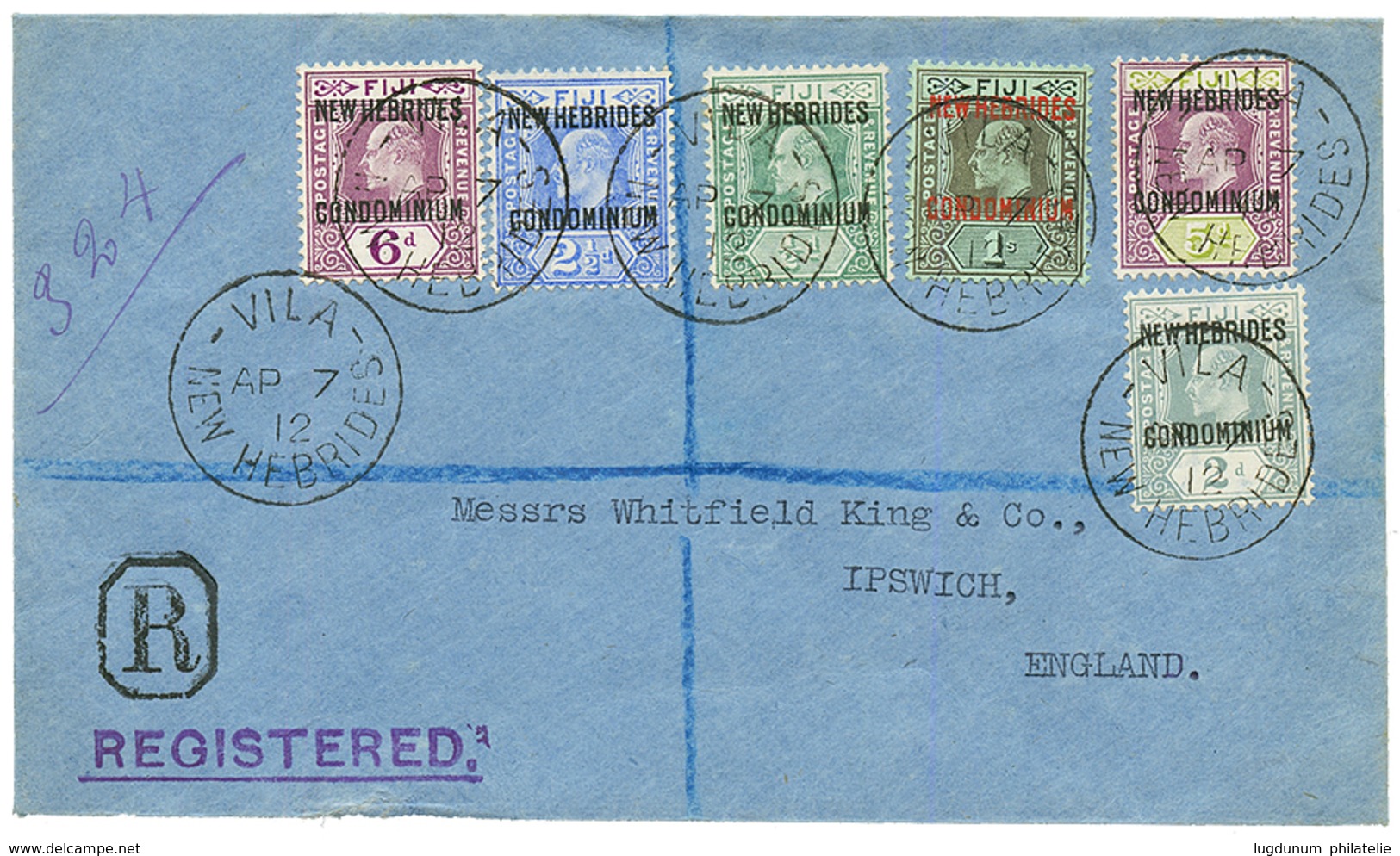 NLLES HEBRIDES : 1912 1/2d+ 2d+ 2 1/2d + 5d + 6d + 1 SHILLING Obl. VILA NEW HEBRIDES Sur Env. RECOM. Pour L' ANGLETERRE. - Andere & Zonder Classificatie