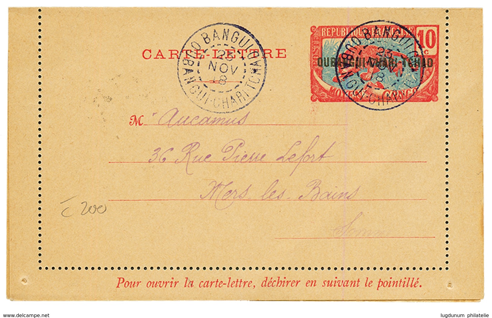 OUBANGUI CHARI TCHAD : 1918 Entier Carte Lettre 10c Obl. BANGUI OUBANGUI-CHARI-TCHAD Pour La FRANCE. TTB. - Andere & Zonder Classificatie