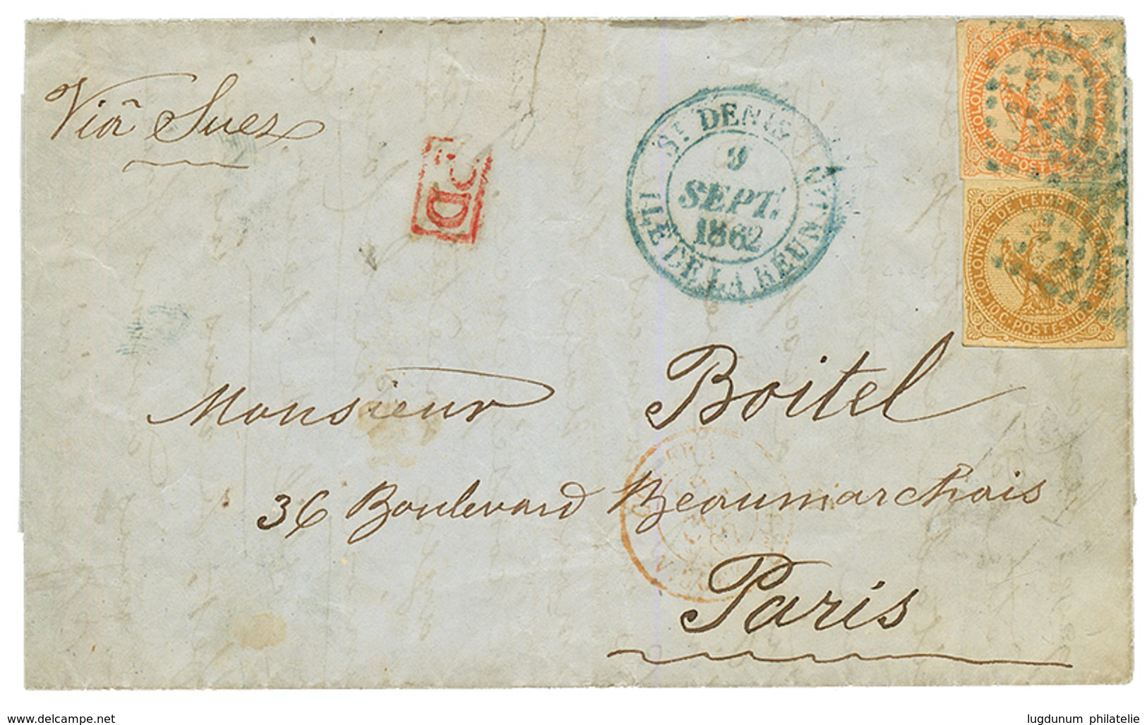 REUNION : 1862 AIGLE 10c + 40c + Grand Cachet Bleu ST DENIS Sur Lettre Pour PARIS. TTB. - Andere & Zonder Classificatie