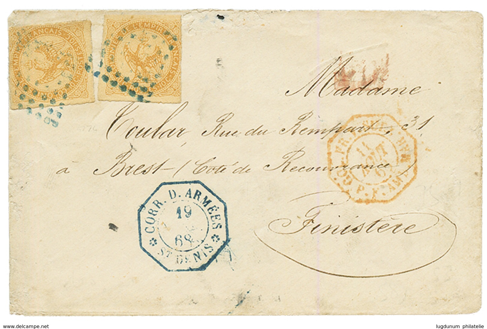 REUNION : 1868 10c AIGLE(x2) + CORR. D' ARMEES ST DENIS Sur Enveloppe Pour La FRANCE. TB. - Autres & Non Classés