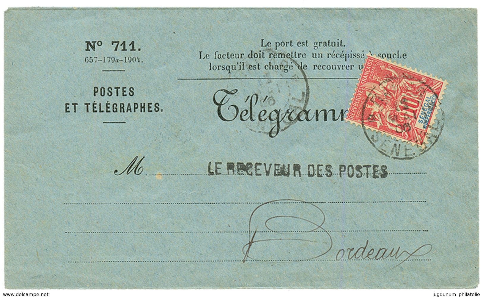 SENEGAL : 1906 10c Obl. DAKAR Sur TELEGRAMME Pour BORDEAUX. TTB. - Andere & Zonder Classificatie