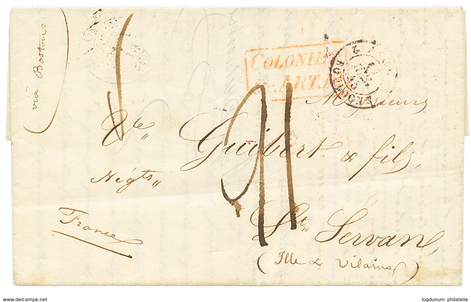 1845 COLONIES ART.12 + Taxe 21 + "VIA BOSTON" Sur Lettre Avec Texte ( GRANDE PÊCHE )daté "ST PIERRE De T.N." Pour ST SER - Altri & Non Classificati