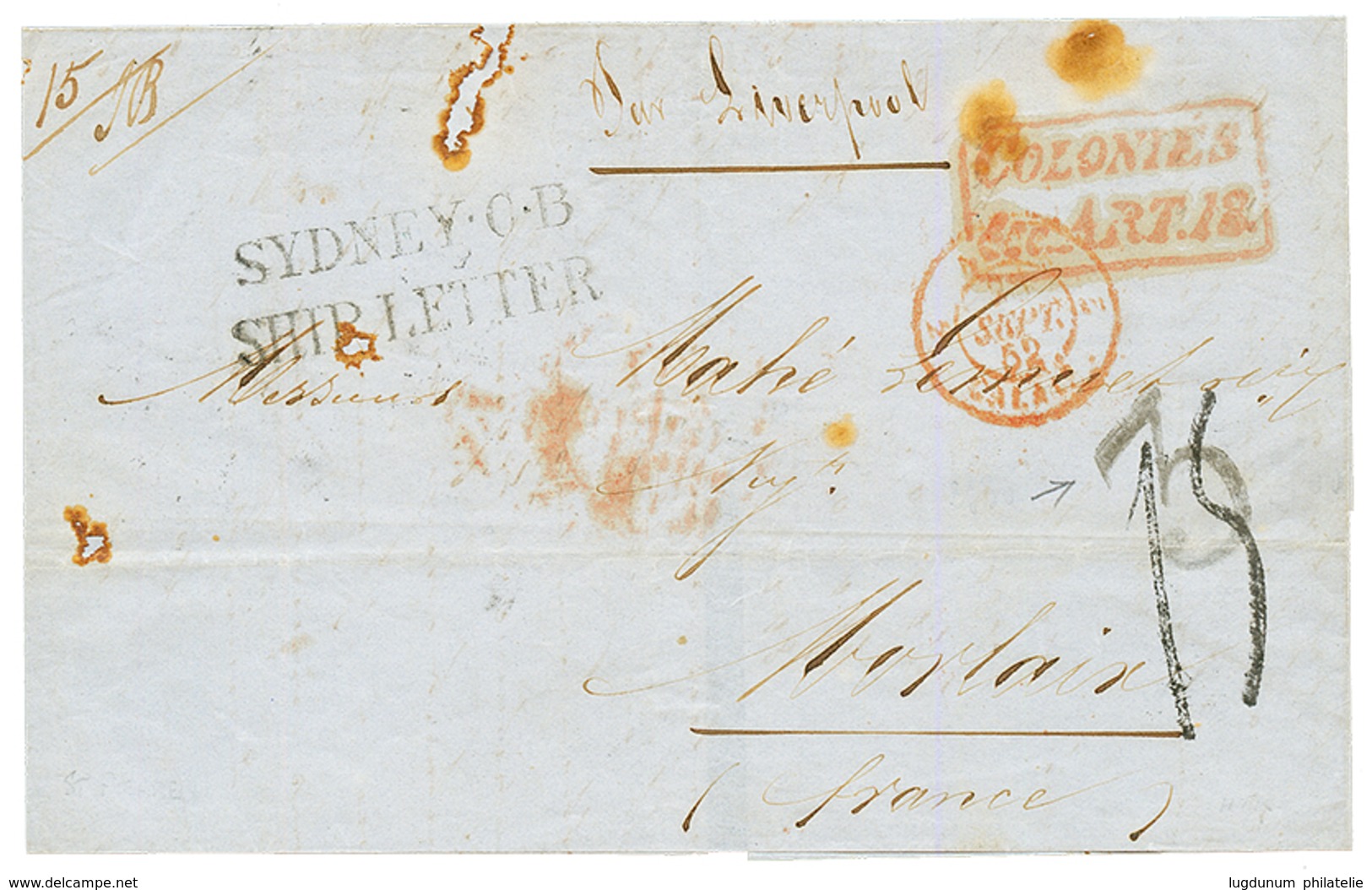 1852 SYDNEY C.B/ SHIP LETTER + COLONIES ART.13 Sur Lettre Avec Texte (incomplet) Daté De ST PIERRE Pour MORLAIX. RARE. T - Andere & Zonder Classificatie