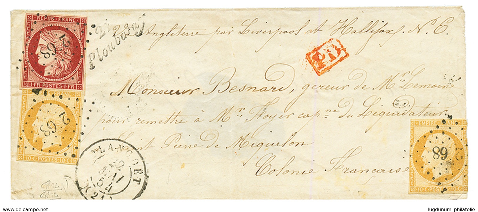 1854 FRANCE 1F CARMIN (n°6) TB Margé + 10c(n°13)x2 Avec Défauts Obl. PC 2468 + CURSIVE 21 PLOUBALAY Sur Enveloppe Pour S - Autres & Non Classés