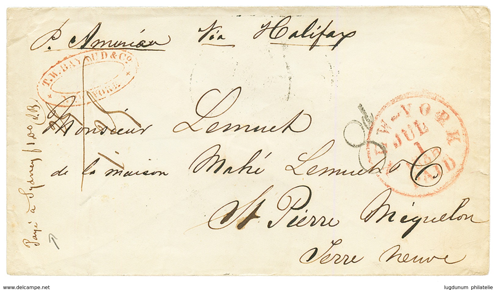 "PAYE à SYDNEY 1F" : 1856 ""PAYE à SYDNEY Fr 1.00 + Signature" + Taxe Anglaise 8d Sur Enveloppe De NEW YORK Pour ST PIER - Sonstige & Ohne Zuordnung