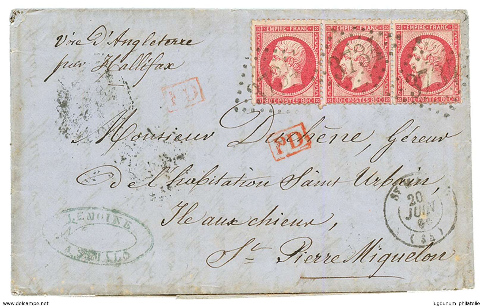 "Affrt à 2F40 Pour L' ILE Aux CHIENS" : 1866 80c(n°24)x3 Obl. GC 3734 Sur Lettre De ST MALO Pour L' ILE AUX CHIENS (ST P - Other & Unclassified