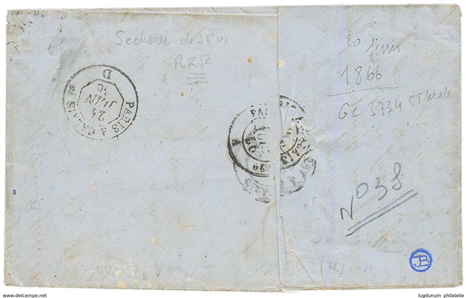 "Affrt à 2F40 Pour L' ILE Aux CHIENS" : 1866 80c(n°24)x3 Obl. GC 3734 Sur Lettre De ST MALO Pour L' ILE AUX CHIENS (ST P - Sonstige & Ohne Zuordnung