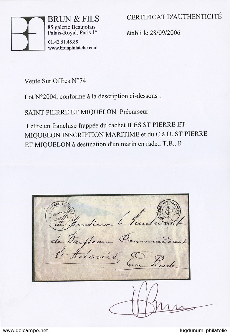 187? Cachet Rare ILES ST PIERRE ET MIQUELON / INSCRIPTION MARITIMES + Cachet ST PIERRE ET MIQUELON Sur Enveloppe En Fran - Autres & Non Classés