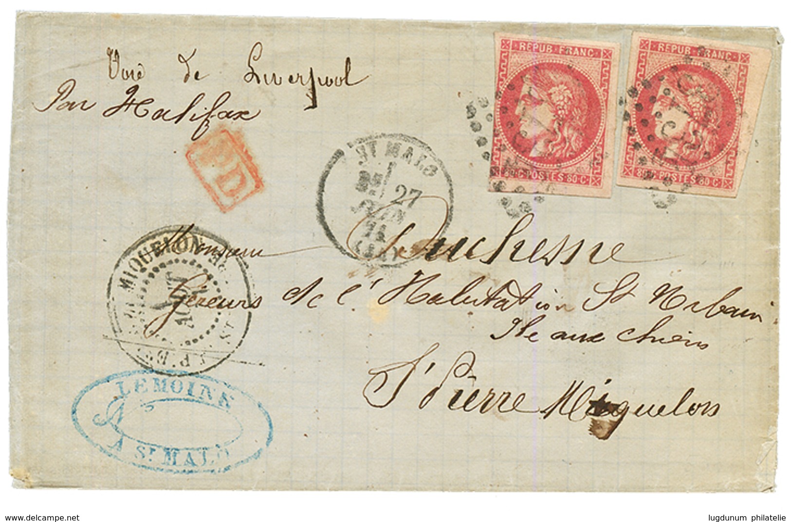 1871 80c BORDEAUX (n°49)x2 , 1 Ex. Touché Obl. GC 3734 Sur Lettre De ST MALO Pour L' ILE AUX CHIENS, ST PIERRE ET MIQUEL - Autres & Non Classés