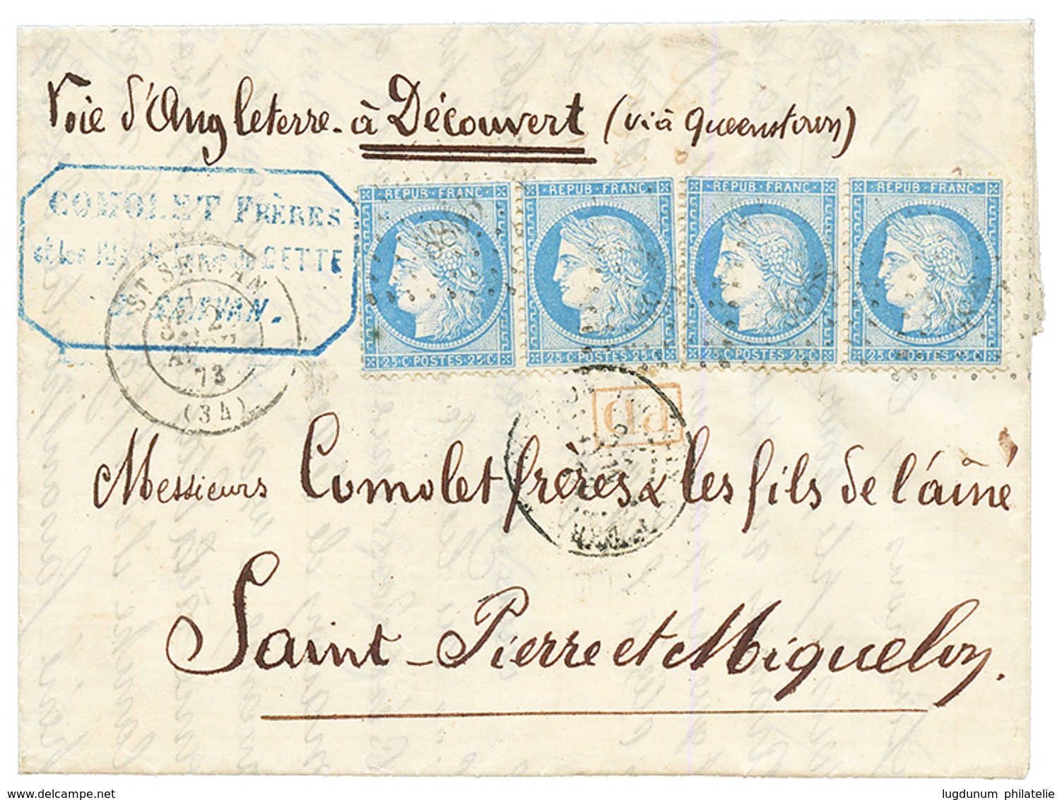 1873 FRANCE 25c(n°60)x4 Sur Lettre De ST SERVAN Pour ST PIERRE ET MIQUELON. Superbe. - Andere & Zonder Classificatie