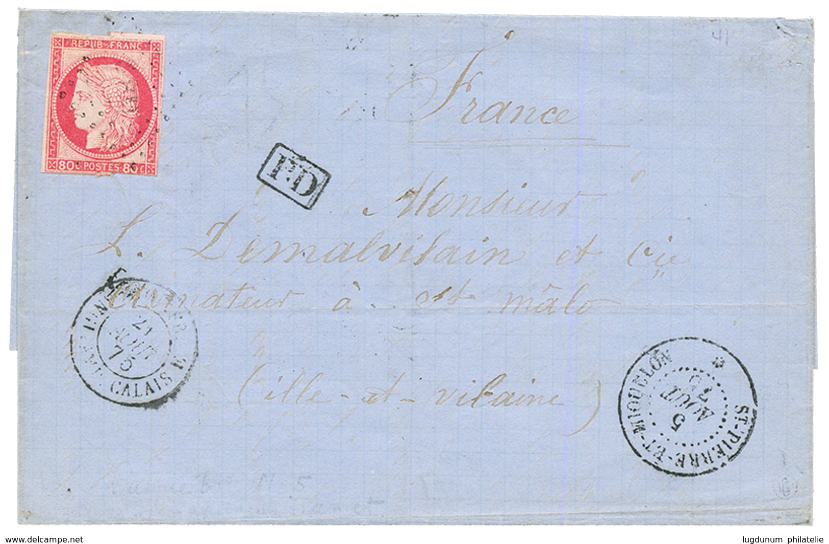 1875 CG 80c CERES(pd) Obl. SPM + ST PIERRE ET MIQUELON Sur Lettre Pour ST MALO. TB. - Autres & Non Classés